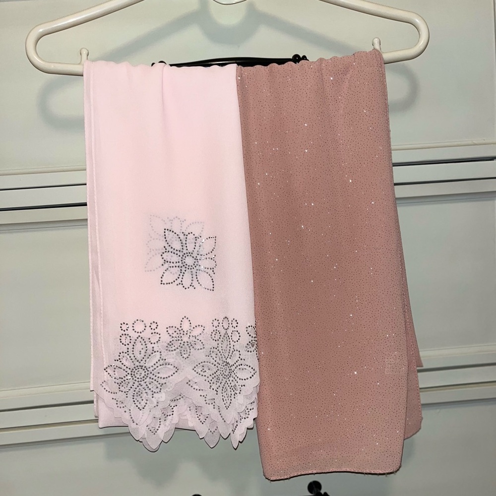 Two Chiffon Headscarfs, Baby Pink flower design, Dusty Rose Sparkle